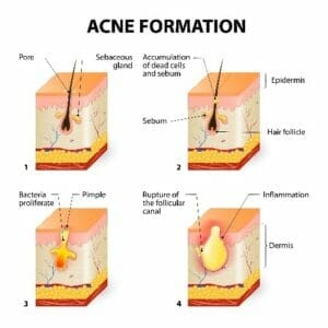 Acne Formation occurs dead skin cells become trapped in the skin’s pores.
